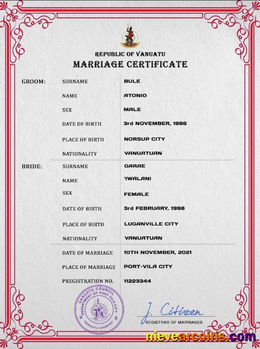 Vanuatu marriage certificate